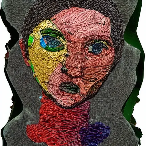 Prompt: portrait of a distressed young woman, broken glass, collage art, embroidery engraved, triadic color scheme