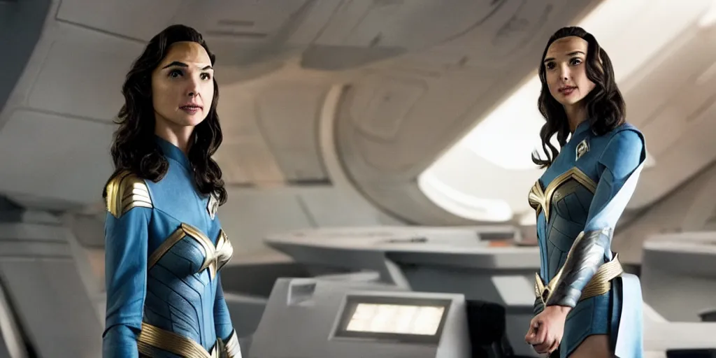 Image similar to Gal Gadot, in full starfleet uniform, is the captain of the starship Enterprise in the new Star Trek movie