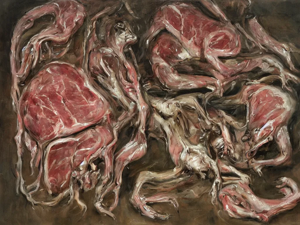 Prompt: meat locker filled with pig carcasses by francis bacon, oil on canvas, highly detailed, masterpiece painting, body horror, biopunk