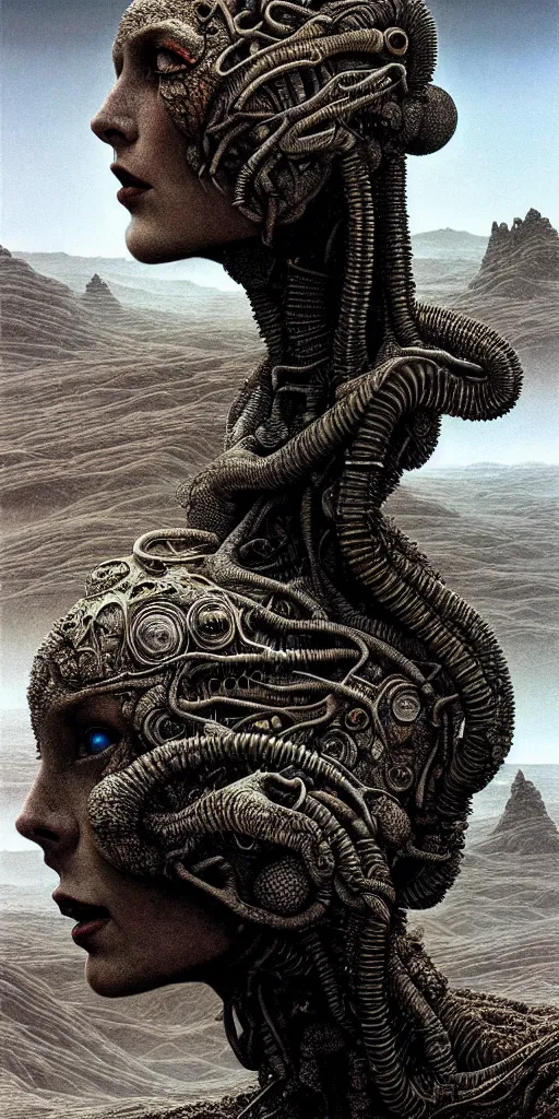 Image similar to ultra realist intricate detailed portrait of a single rugged attractive female on an alien landscape, insanity, accurate features, apocalyptic, very intricate details, 8 k resolution, dim lighting, volumetric lighting, artstyle zdzisław beksinski and keith thompson, award winning