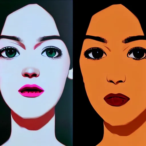 Image similar to tv actress with warm eyes, slim features, hallucinating happily. box office hit, nineties italian romcom. unreal engine, intricate, ultra detailed 8 k, ambient reflective occlusion, extremely beautiful and aesthetic shape of face, eyes, neck, and smile. art by hiroaki samura and ilya kuvshinov and monet and andy warhol, inverted