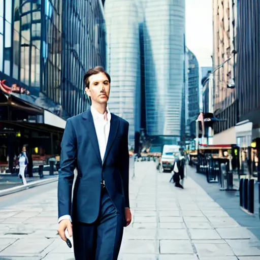 Prompt: portrait photograph of a very tall, elegantly dressed businessman walking through the city