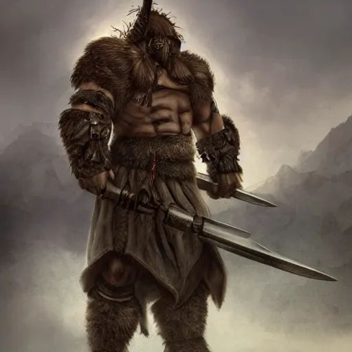 Prompt: A large barbarian wearing modern military gear, with horns on his head and shoulders, epic, realistic, 8k, detailed, fantasy, extremely detailed, masterpiece, art