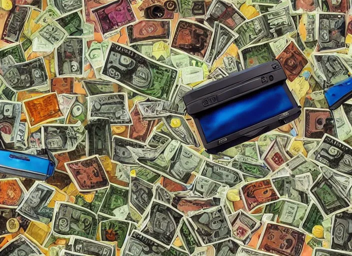 Prompt: surrealist art of nintendo 6 4 console in front of stacks of money