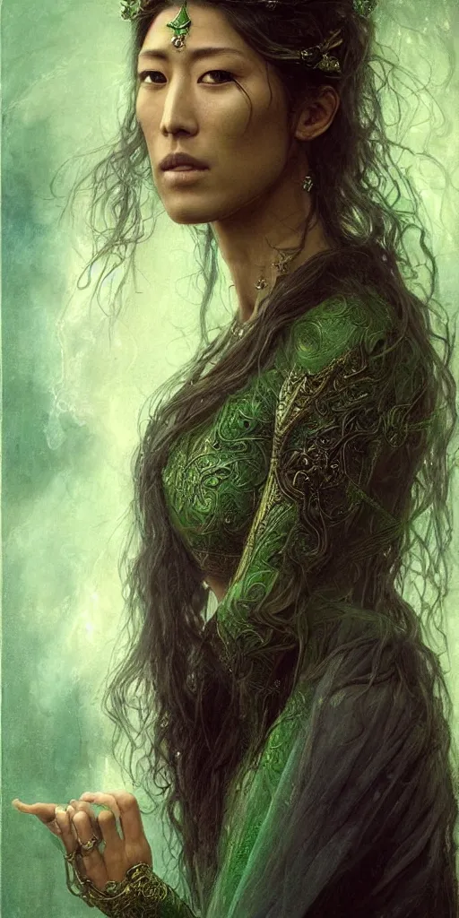 Prompt: epic masterpiece portrait of priestess played by dichen lachman, followed by head with many souls, beautiful face and flawless skin, perfect hands, emeralds by Edgar Maxence and Ross Tran and Michael Whelan