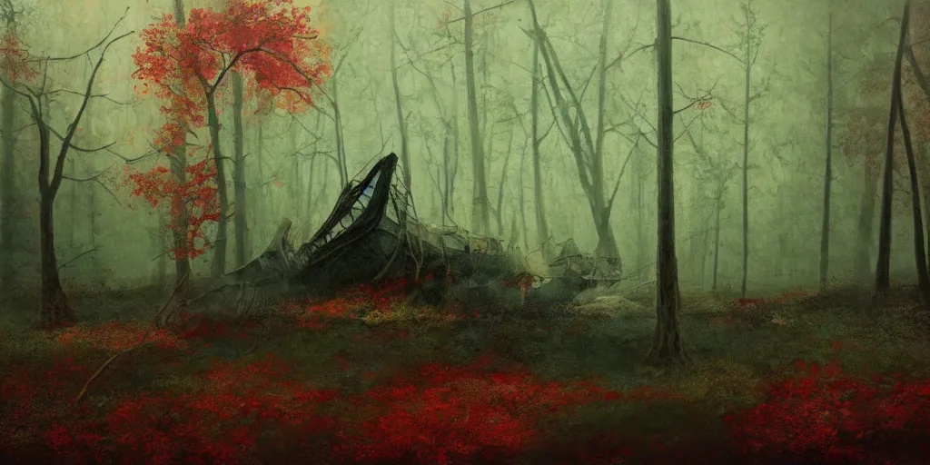 Image similar to an old broken ship in an autumn forest, green and red tones, by Aron Wiesenfeld and beksincki, cinematic, detailed illustration, nature, fog, dark colors, suspense, intricate, 8k