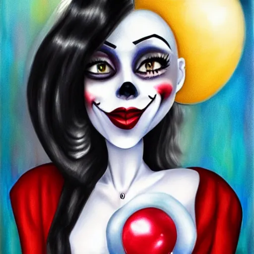 Image similar to grunge cartoon painting of kylie jenner with a wide smile and a red balloon by chris leib, loony toons style, pennywise style, corpse bride style, horror theme, detailed, elegant, intricate