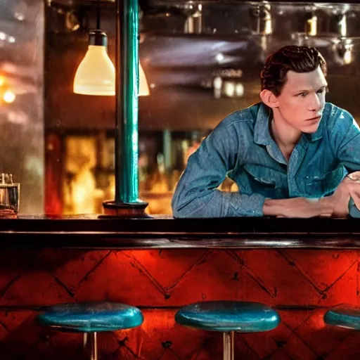 Prompt: tom holland at a 1 9 5 0's bar during a rainy night, cinematic lighting, photorealistic