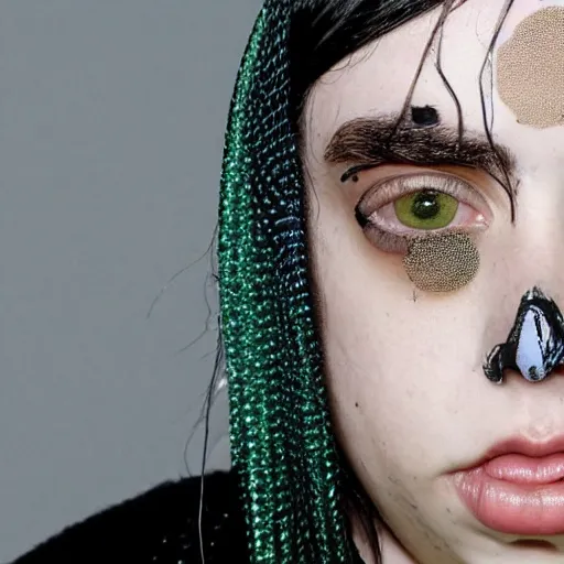 Image similar to billie eilish having Trypophobia on her face, face full of holes