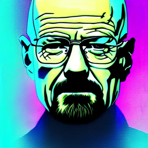 Prompt: Walter White portrait high quality photograph 4k Breaking Bad Bryan Cranston Walter White, retrofuturistic cyberpunk robot Walter White metallic Heisenberg colorful neon lights