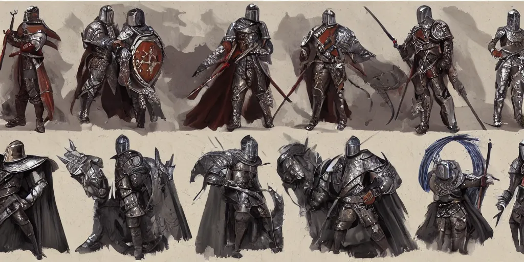 Prompt: different views medieval knights, intricate!! concept art by senior character artist, trending on artstation, full body character design