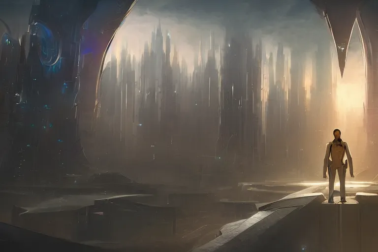 Image similar to a creepy cultist standing in a futuristic city by jessica rossier,