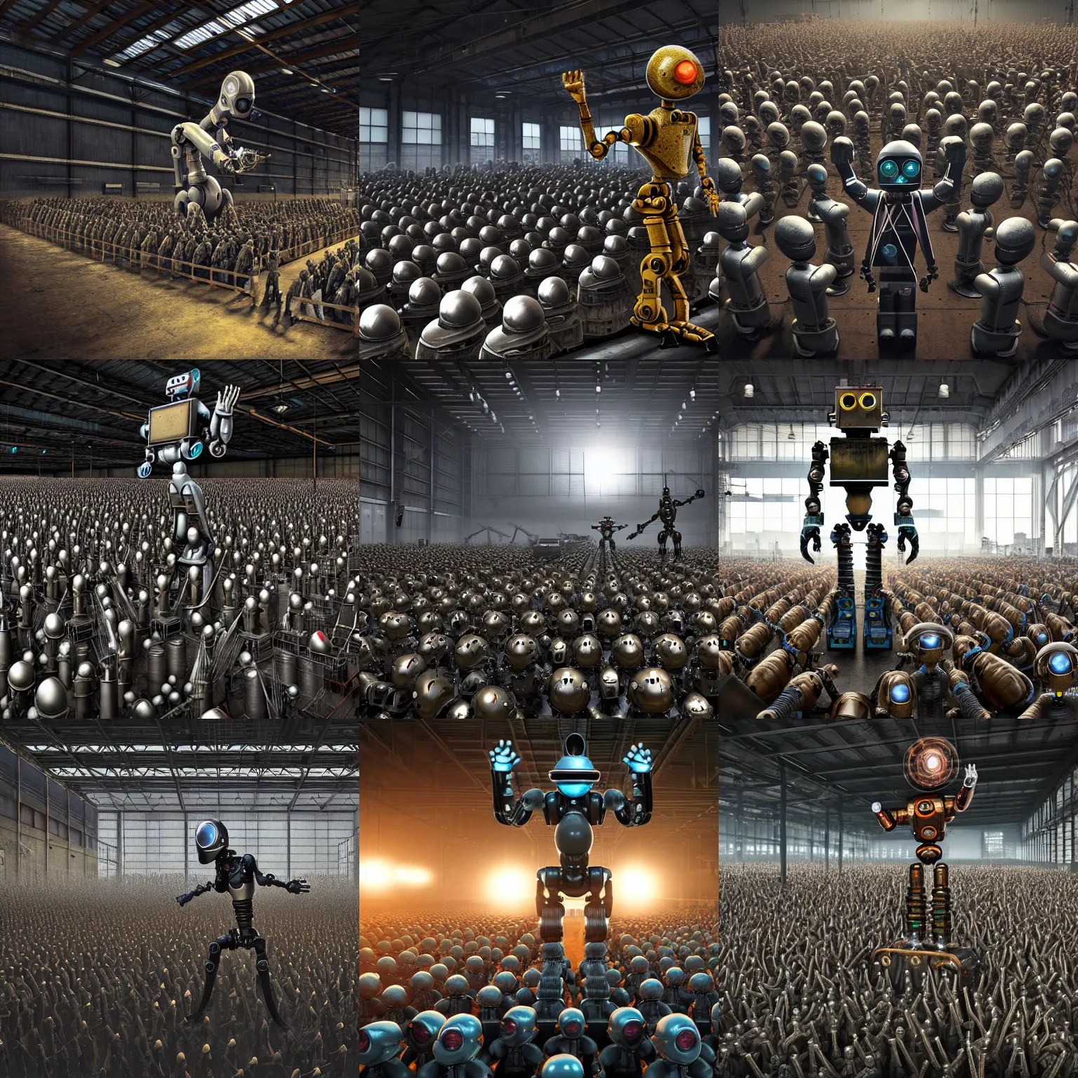 Prompt: a realistic engineer robot wearing a welding helmet, fist raised high in triumph, standing in front of hundreds of large robots inside a huge rusty dingy warehouse, army of robots, raygun gothic, atomic punk, digital art, detailed octane render, high angle