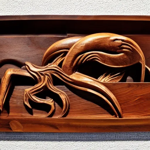 Image similar to wooden sculpture of cthulhu attacking a spaceship, polished maple, thoughtful, elegant, real