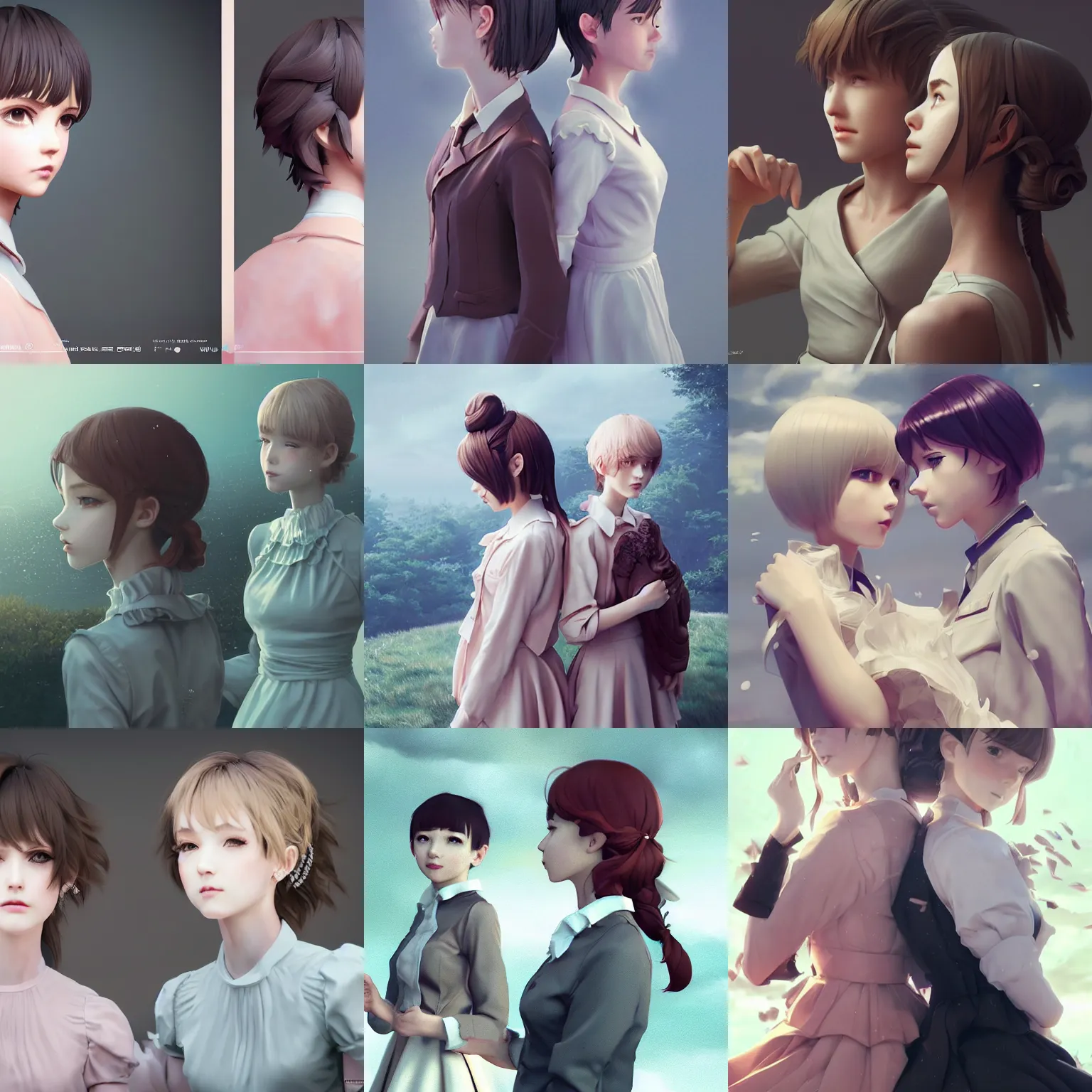 Prompt: worksafe. insanely detailed. by wlop, ilya kuvshinov, krenz cushart, greg rutkowski, pixiv. zbrush sculpt, octane, maya, houdini, vfx. two gorgeous young cg gentle girlish feminine sissy boys with ponytail hairstyle in princess dress posing together, in luxury advertisement. cinematic dramatic atmosphere, sharp focus, volumetric lighting