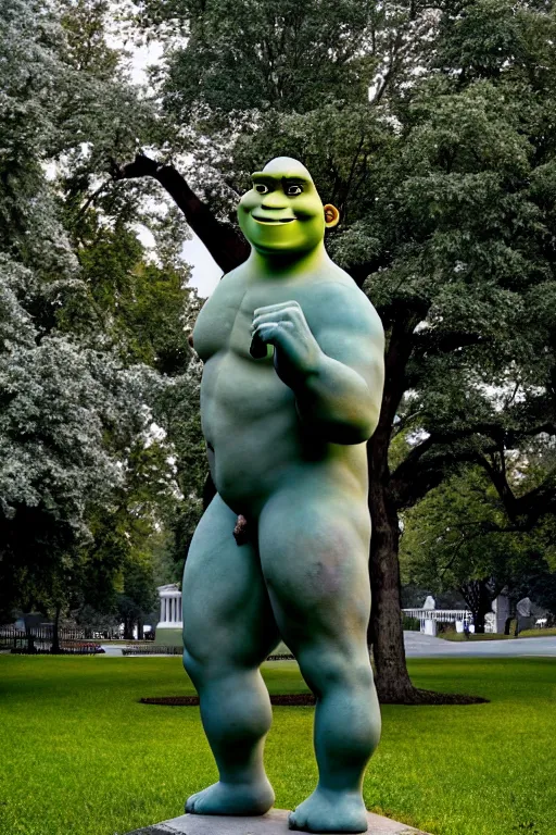 Image similar to A beautiful stone statue of Shrek in front of the White House, photo by Steve McCurry, heroic pose, detailed, smooth, smiling, professional photographer