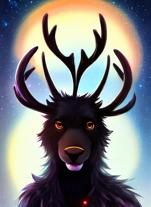 Prompt: award winning beautiful portrait commission of a male furry anthro Black Reindeer fursona with a tail, wings and a cute beautiful attractive detailed furry face wearing stylish black and orange galaxy clothes in a outerspace city at night while it rains. Character design by charlie bowater, ross tran, artgerm, and makoto shinkai, detailed, inked, western comic book art