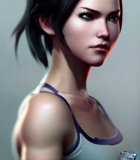 Prompt: beautiful portrait of a gorgeous personal trainer who looks like Ada Wong , character design by charlie bowater, ross tran, artgerm, and makoto shinkai, detailed, soft lighting, rendered in octane