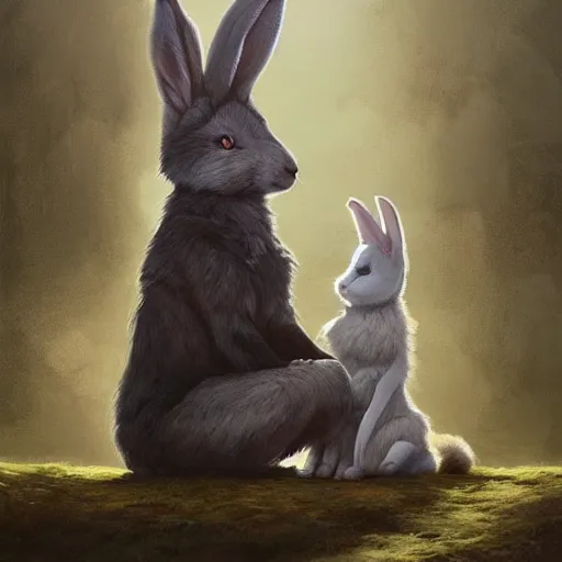 Image similar to A beautiful painting of an anthropomorphic wolf and rabbit. The rabbit has long rabbit ears on his head, and is sitting with his back to the wolf. The wolf's arms are wrapped around the rabbit's shoulders. Trending on artstation, greg rutkowski