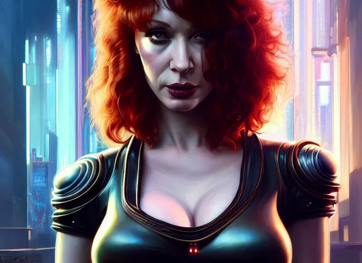 Image similar to wideangle shot of christina hendricks in cyberpunk 2 0 7 7, intricate, elegant, highly detailed, centered, digital painting, artstation, concept art, smooth, sharp focus, illustration, artgerm, tomasz alen kopera, peter mohrbacher, donato giancola, joseph christian leyendecker, wlop, boris vallejo