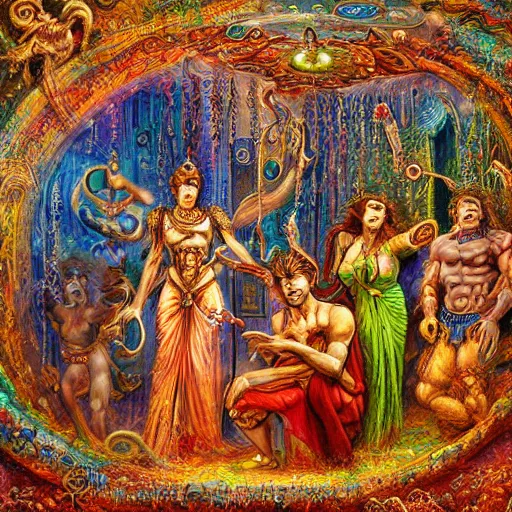 Image similar to disasterpiece mesmerizing sanctum of the most disturbing and beautiful truth, relief of Akkadian origin, in the style of Jeff Easley, Josephine Wall, Ken Kelly, – W 1024