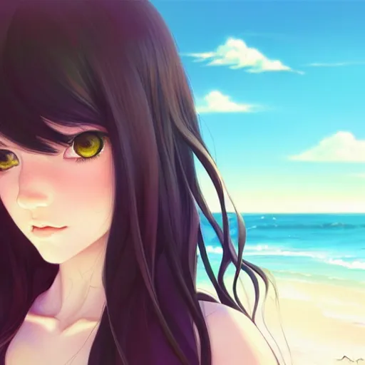 Prompt: a beautiful girl with long dark hair, on a beach, sunny, daytime, sharp focus, intricate, digital painting, artstation, official media, anime key visual, highly detailed, rich vivid colors, ambient lighting, illustration, art by Artgerm, Makoto Shinkai, Ilya Kuvshinov, Lois Van Baarle, and Rossdraws