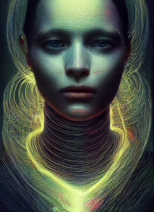 Image similar to woman, portrait close-up, neon, RGB, glowing wires everywhere, pristine, by Edgar Maxence and Ross Tran, Zdzisław Beksiński, and Michael Whelan, distant, gustav dore, H.R. Giger, 8k, octane render