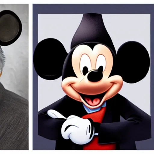 Image similar to george lucas. mickey mouse ears. slave chains, sad, morose