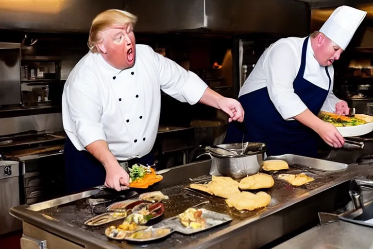 Prompt: high quality photo of fat Donald Trump working as a cook at a diner. He he is cooking on a griddle. He is yelling and making a mess. Food is going everywhere. Dimly lit