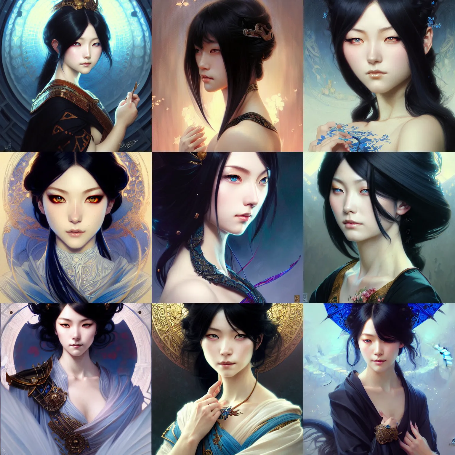 Prompt: japanese beauty, d & d, blue eyes, black hair, fantasy, intricate, elegant, highly detailed, digital painting, artstation, concept art, smooth, sharp focus, illustration, art by artgerm and greg rutkowski and alphonse mucha