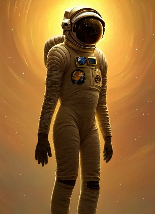 Image similar to extremely detailed, astronaut lush planet, full body, soft light, golden glow, diffuse lighting, fantasy, intricate, surrealism!!!!, highly detailed, lifelike, photorealistic, digital painting, artstation, illustration, concept art, smooth, sharp focus, by greg rutkowski, chris tulloch mccabe, valentina remenar and asher duran,