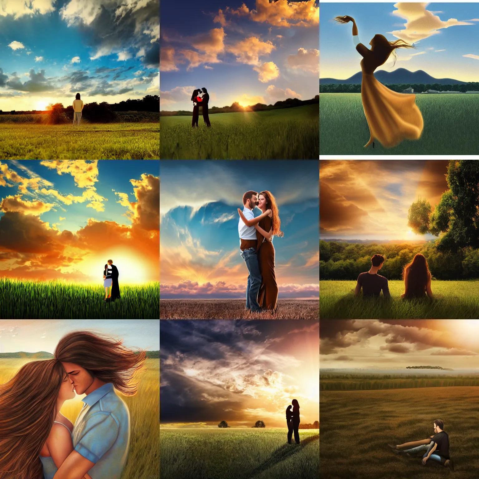 Prompt: long shot landscape young man and woman with long brown hair silhouette cuddle, sun rise, light cloud, realism, detailed sky