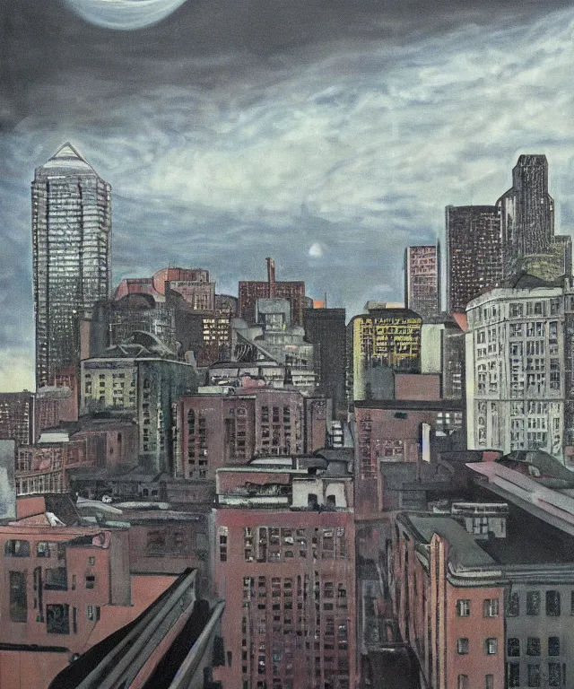 Image similar to horrifying full color photorealistic painting of the view from a 1 9 2 5 hotel terrace balcony overlooking a warped view of downtown boston with a cosmic sky, dark, atmospheric, brooding, smooth, finely detailed, cinematic, epic, in the style of lee gibbons