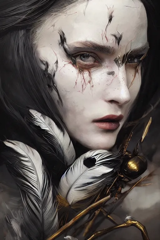 Image similar to hyper realistic portrait painting, beautifully rendered, gorgeous young witch with ceremonial markings and black feathers painted by greg rutkowski, wlop, artgerm, dishonored 2