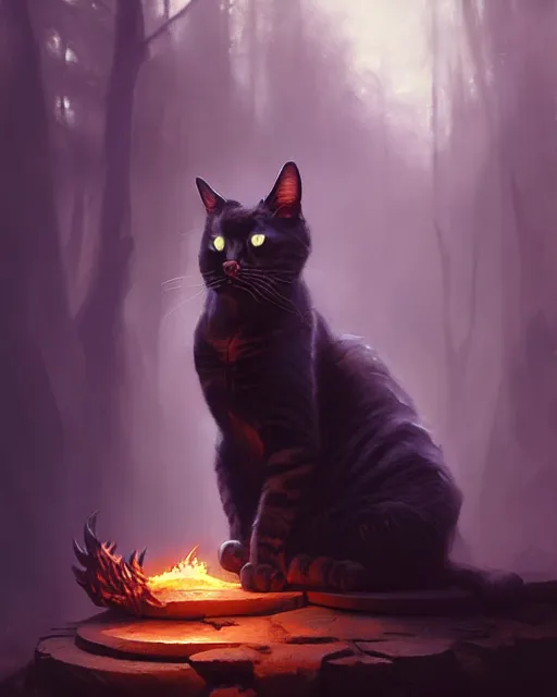 Prompt: oil painting of Cat Witch casting dark spell, sharp focus, heroic pose, fantasy style, octane render, volumetric lighting, 8k high definition, by greg rutkowski, highly detailed, trending on art Station, magic the gathering artwork, Woodland background, centered