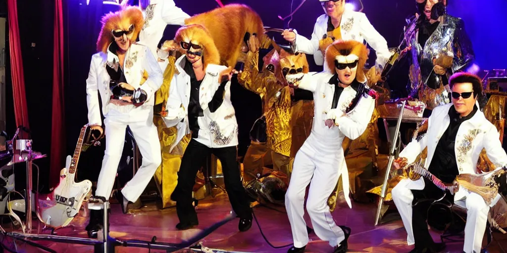 Prompt: serval elvis impersonators on stage that is collapsing, photorealistic