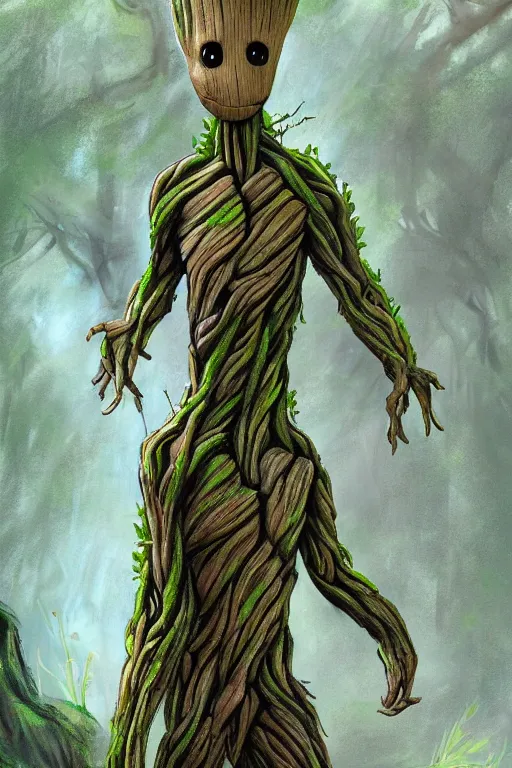 Image similar to Groot on a forest, concept art