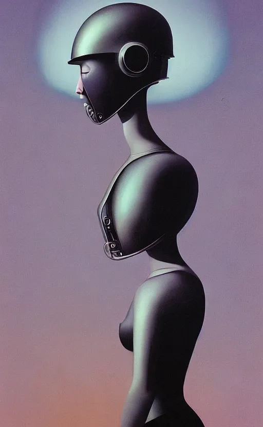 Prompt: portrait of girl wearing helmet with very tight black latex dress by Petros Afshar and Beeple, Edward Hopper and James Gilleard, Zdzislaw Beksinski, Mark Ryden, Wolfgang Lettl highly detailed