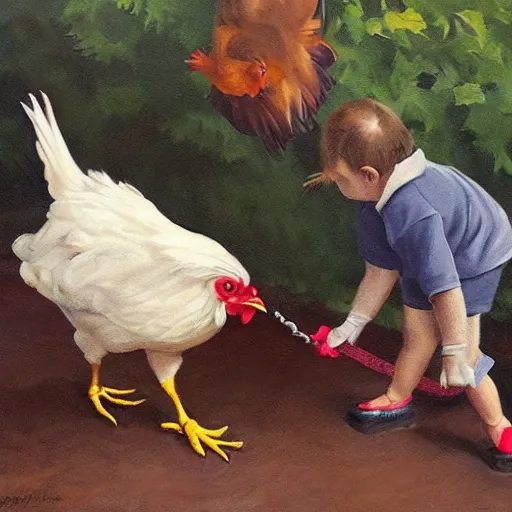 Prompt: chickens owning a human pet, human on leash, chicken is holding the leash, oil painting, hyper realistic,