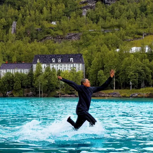 Image similar to obama swimming in a fjord in norway