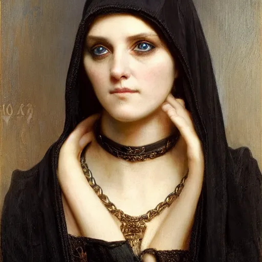 Image similar to portrait of a young women wearing a black cloak, her face is a skull, ultra realistic and highly detailed painting by gaston bussiere and j. c. leyendecker 8 k