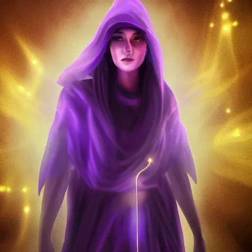 Prompt: luminescent purple wizard, realistic style, female, dark background, volumetric fog, 4K