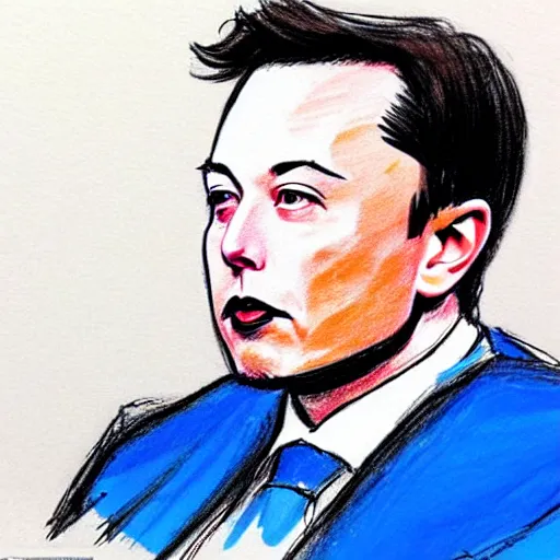 Image similar to courtroom sketches from the elon musk v twitter trial, the judge is a bluebird