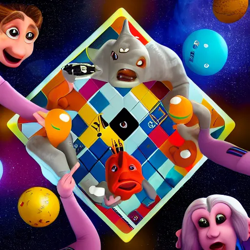 Image similar to ludo game in a different world, ludo in space, game, highly detailed, photorealistic, disney pixar, smooth, octane render, iridescent, 8 k