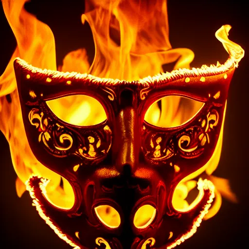 Prompt: an elaborate intricate mask made of flames water, rendered in octane, behance hd, bokeh backdrop