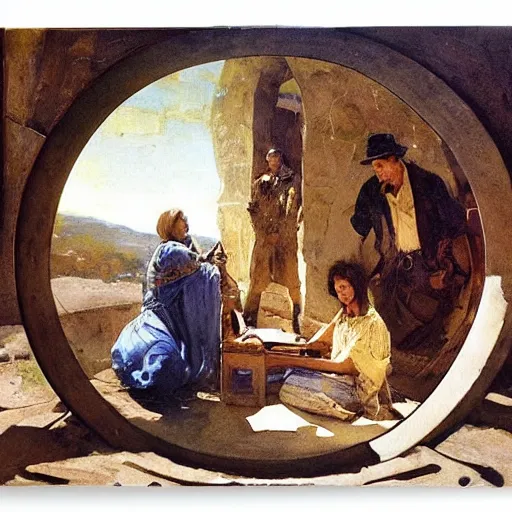 Image similar to rigorous, manmade by diego dayer, by howard pyle. a beautiful land art of a group of people standing around a circular table. in the center of the table is a large, open book. the people in the land art are looking at the book with interest & appear to be discussing its contents.