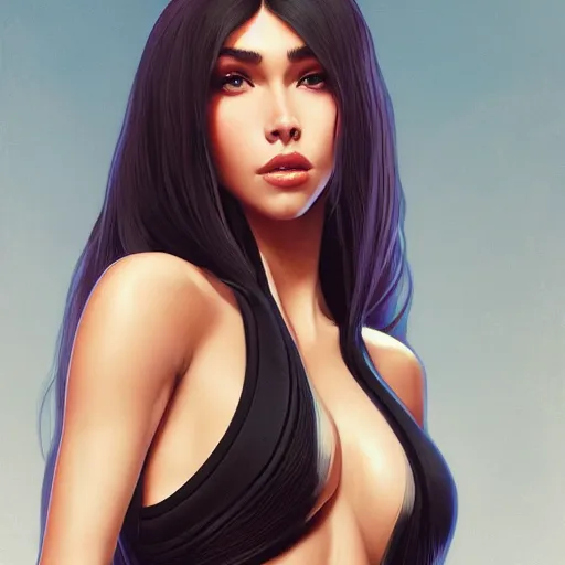 Image similar to portrait of madison beer wearing a skintight suit, intricate, elegant, highly detailed, digital painting, artstation, concept art, smooth, sharp focus, illustration, art by artgerm and greg rutkowski and alphonse mucha, 8 k