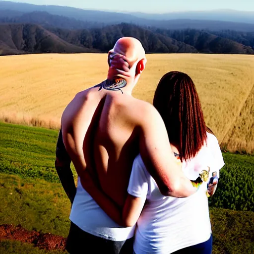 Image similar to portrait of a bald white male tattoos and his white female wife with tattoos. male is wearing a white t - shirt, tan shorts, white long socks. female is tall and has long brown hair photo from behind them overlooking the field with a goat pen. rolling hills in the background of california and a partly cloudy sky