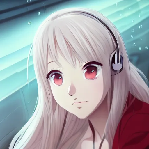 Image similar to anime portrait of beautiful girl sits on the sofa and listens to music, the sun shines through the window, white hair, watery red eyes, clear face, beautiful body, dream light, focus on the face, highly detailed, 8 k, artstation, concept art, master pieces, in style of kyoto animation