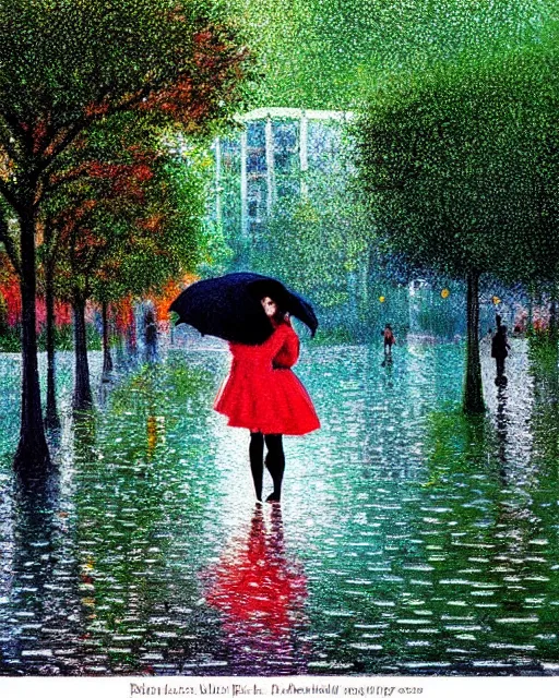 Image similar to raindrops, rain, square, park, lake, man and woman under a black umbrella, trees, kiss, paths, lake, impressionism.